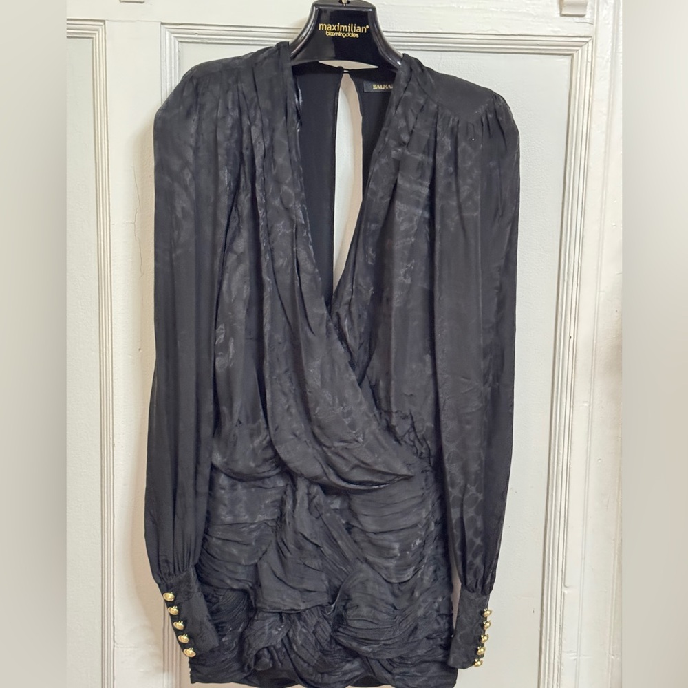 BALMAIN X H&M Black Silk Low cut V neck Draped Wrapover Mini Dress Size 2